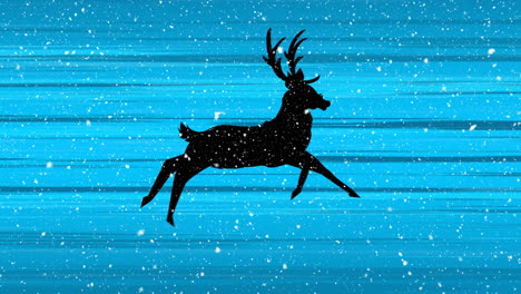 animación digital de nieve cayendo sobre silueta negra de renos contra senderos de luz