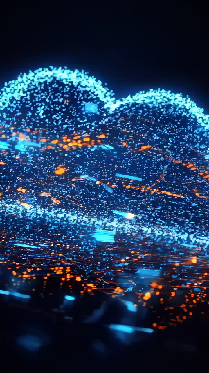 A blue cloud with orange highlights is floating in a cityscape. Concept of technology and innovation, as the cloud represents the power of the internet and the potential for limitless possibilities