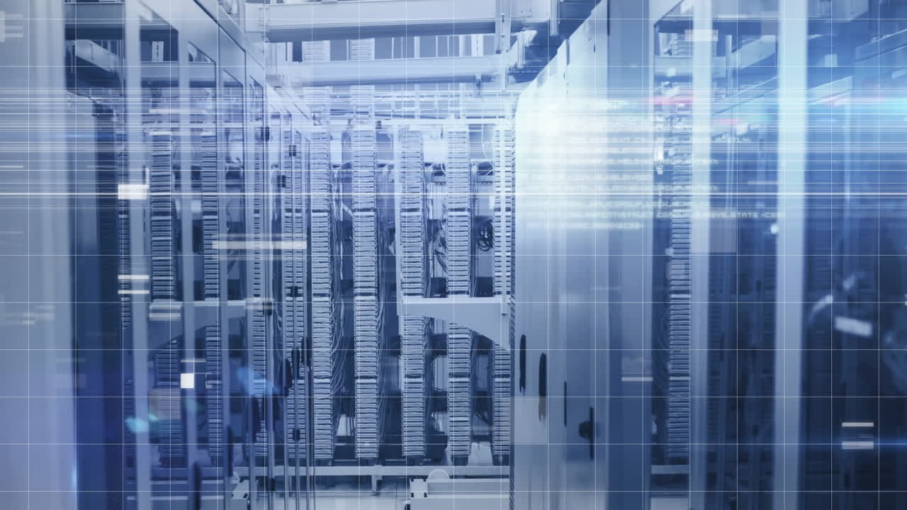 Rows of servers in data center with digital overlay animation