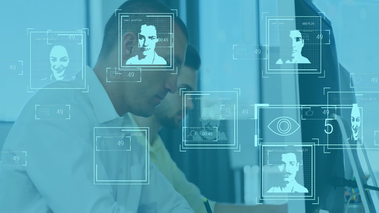 animación de procesamiento de datos de reconocimiento facial sobre personas de negocios que trabajan en la oficina