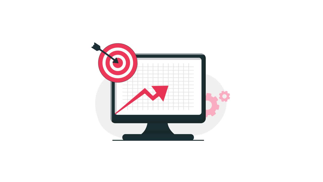 Animated Business Growth Chart and Target Achievement on Computer Monitor