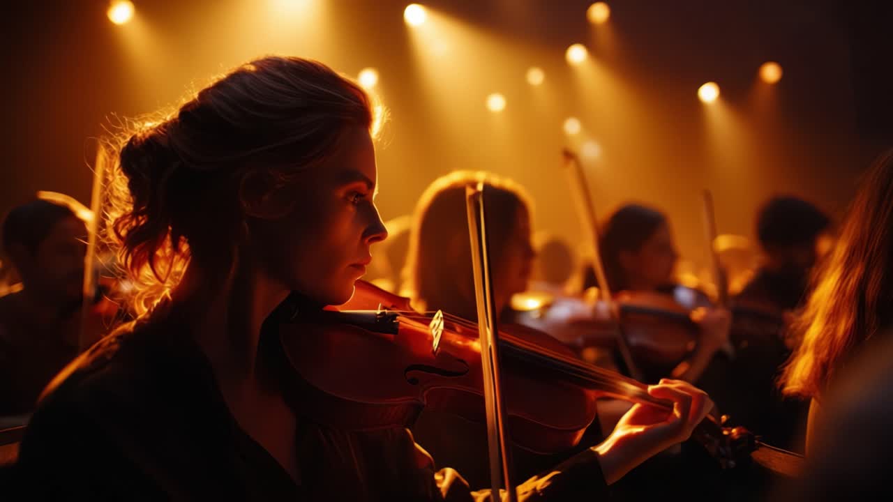 Ein fesselnder Moment eines Geigers in einem Orchester, beleuchtet von warmen Bühnenlichtern, der die Leidenschaft und Hingabe gemeinsam auftretender Musiker zeigt