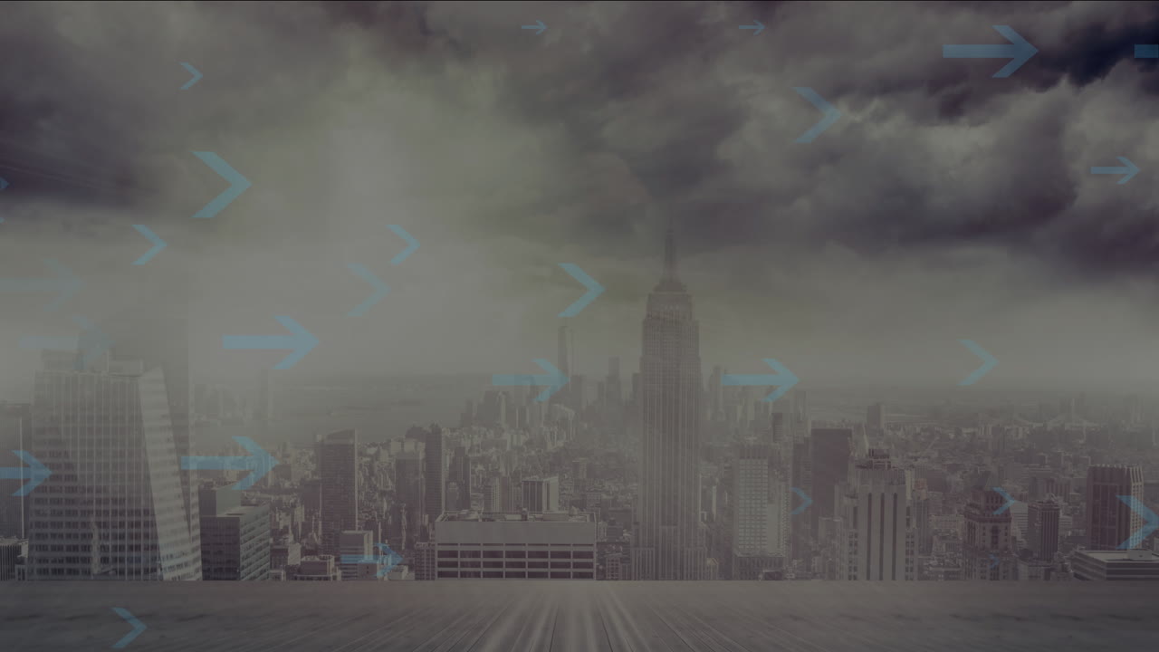 Blue arrows pointing in various directions in cloudy cityscape animation