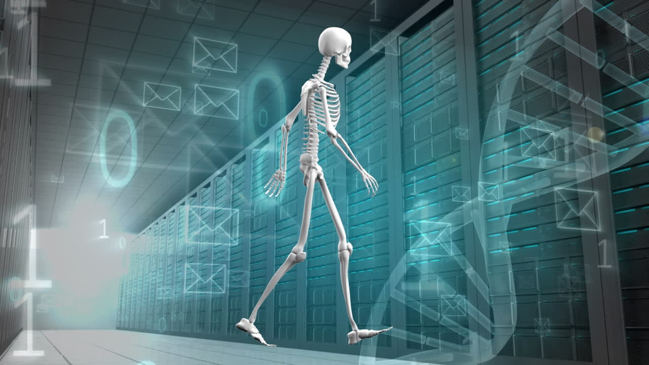 animación de los iconos de los sobres y el esqueleto sobre los servidores