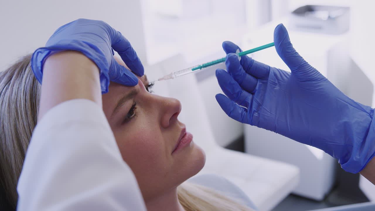 mujer sentada en una silla recibiendo una inyección de botox entre los ojos por una doctora