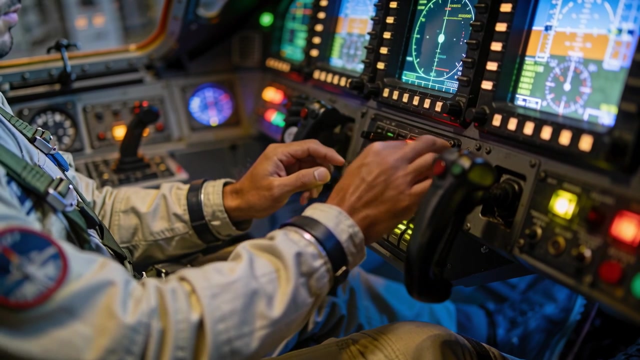 Performing checklist pilot in flight suit tuning knobs and yoke in cockpit, monitoring displays