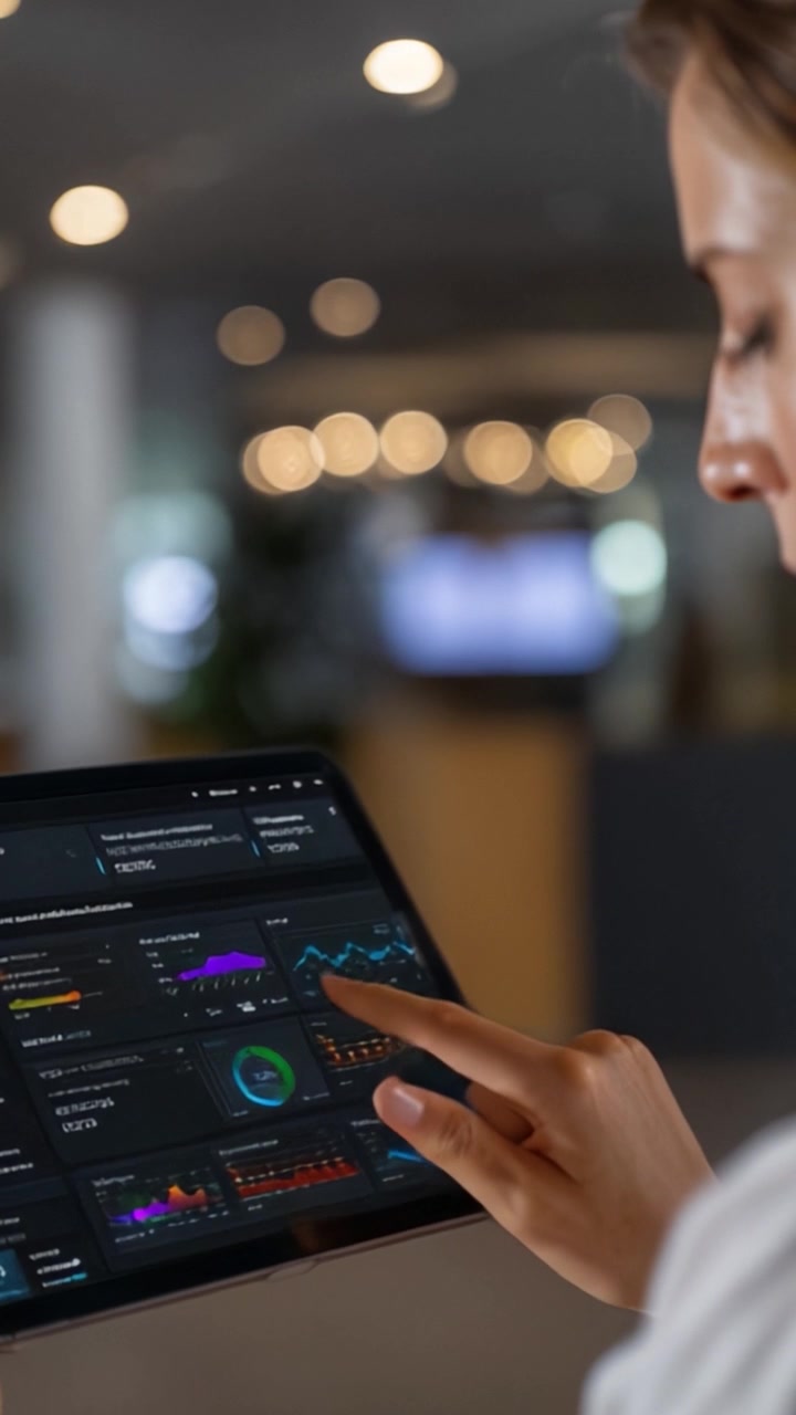 Engasjerende berøringsskjerminteraksjon med dataanalyse på et moderne nettbrett i et uskarpt profesjonelt miljø, som avslører innsikt og trender.