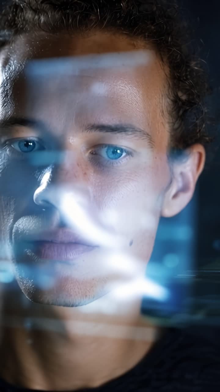 Retrato Cativante de um Jovem com Olhos Azuis Marcantes Rodeado por Elementos Digitais Futuristas e Reflexos de Luz Etéreos Realçando Suas Características.