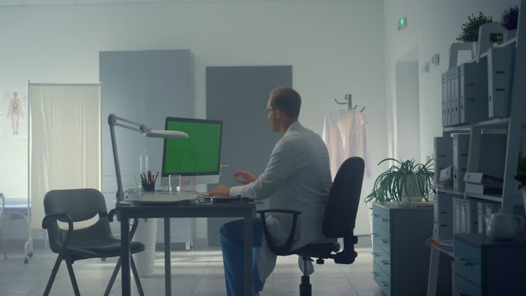 Arzt nutzt Greenscreen-Computer, um einen Patienten online in einem Krankenhausbüro zu beraten.