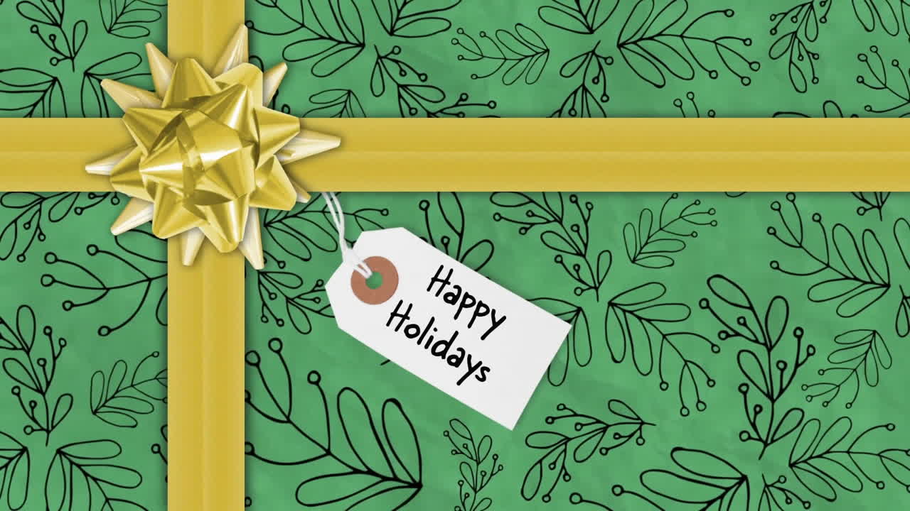 Happy Holidays text animation over green gift wrap with golden ribbon and bow