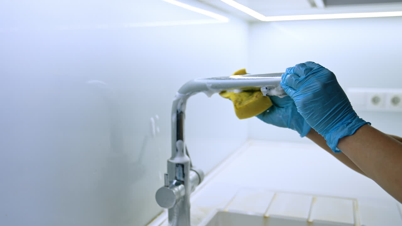 Carefully clean kitchen fixtures. Person carefully cleans a shiny kitchen faucet with a sponge and soap, ensuring a spotless and hygienic surface