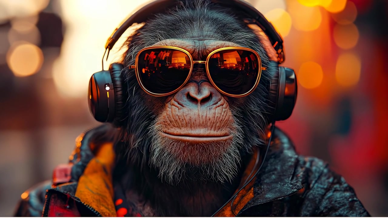 Abe med hovedtelefoner nyder musik. En abe bærer store hovedtelefoner og solbriller, mens den ser ud til at nyde musik udendørs under solnedgang.