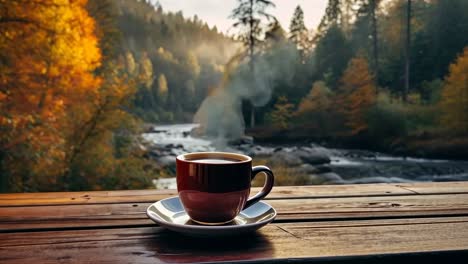 A serene video scene of a coffee cup on a wooden table, overlooking a tranquil river and autumn
