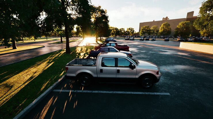 El atardecer proyecta largas sombras sobre camiones estacionados en un tranquilo estacionamiento urbano
