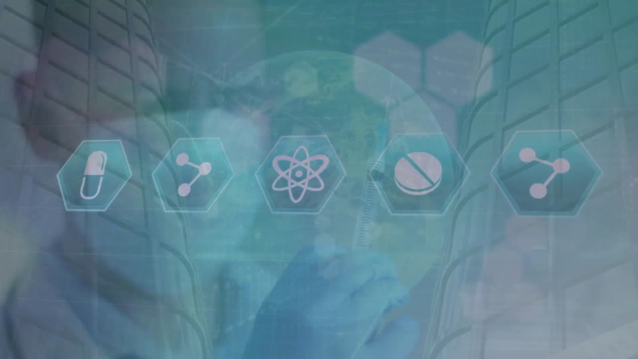 얼굴 마스크를 쓰고 있는 백인 남성 의사 위에 의료 아이콘의 애니메이션