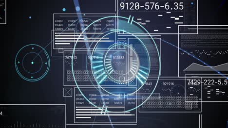 Animation-of-neon-round-scanner-over-interface-with-data-processing-and-glowing-light-spot