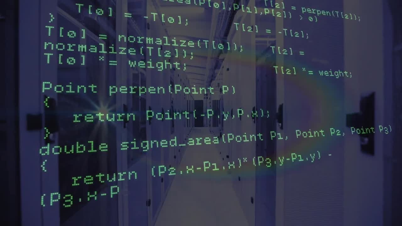 animación de lenguaje de computadora en bucle sobre la sala del servidor de datos en segundo plano