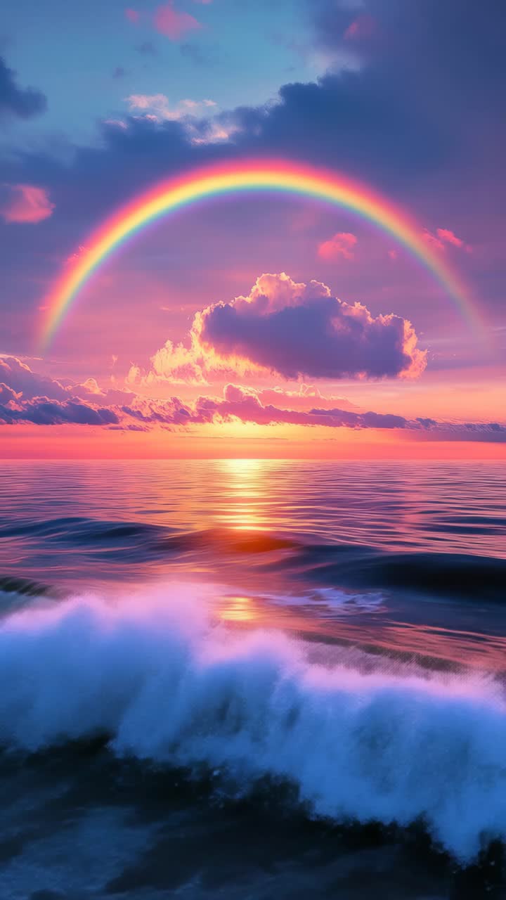 A stunning sunset video scene with a rainbow over calm ocean waves