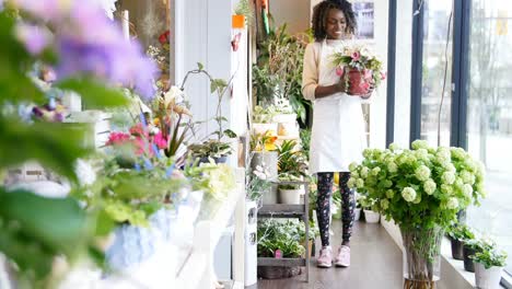 florist with pot flower walking in flower shop 4k