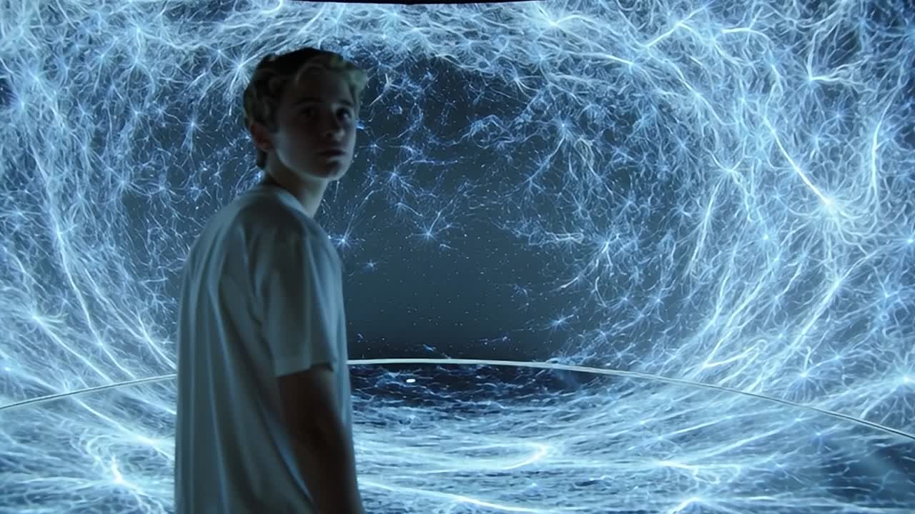 Giovane esplora un'installazione luminosa digitale interattiva in un ambiente immersivo