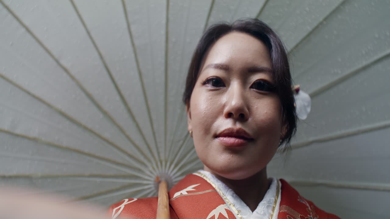 Woman in Kimono Under a Traditional Japanese Umbrella