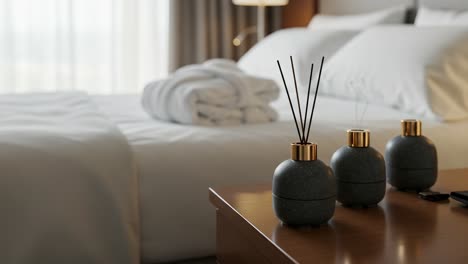 a cozy bedroom sanctuary featuring elegant diffusers and luxurious linens for a relaxing atmosphere and stress-free environment