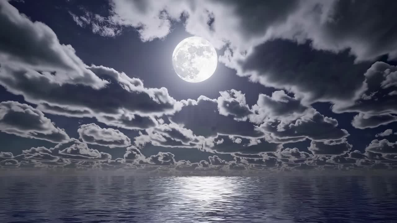 Surreal video concept of fluffy clouds mirrored on calm water, captured from a low angle