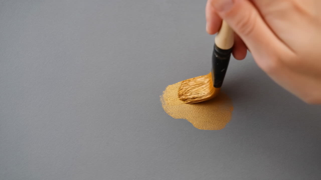 Mão Pintando com Tinta Metálica Dourada em Fundo Cinza