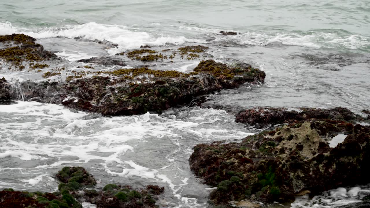 las olas blancas del océano se estrellan sobre rocas oscuras, creando una exhibición dinámica de espuma blanca y pulverización en una vibrante escena costera.