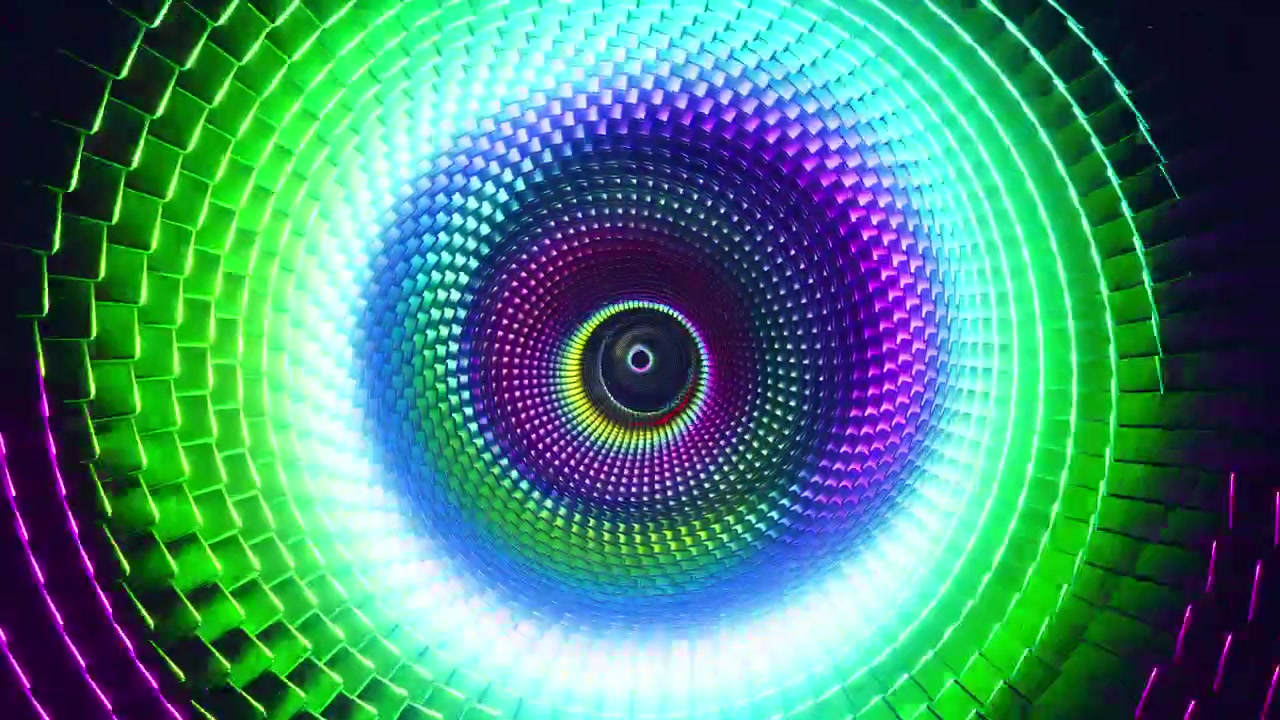Tunnel a blocchi geometrici con motivi rotanti di luce neon vibrante rossa e arancione. Rendering 3D