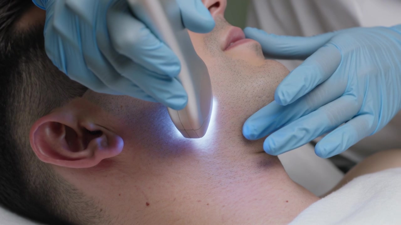 Bringing probe into contact, clinician with blue nitrile gloves moving down jaw in clinic treating