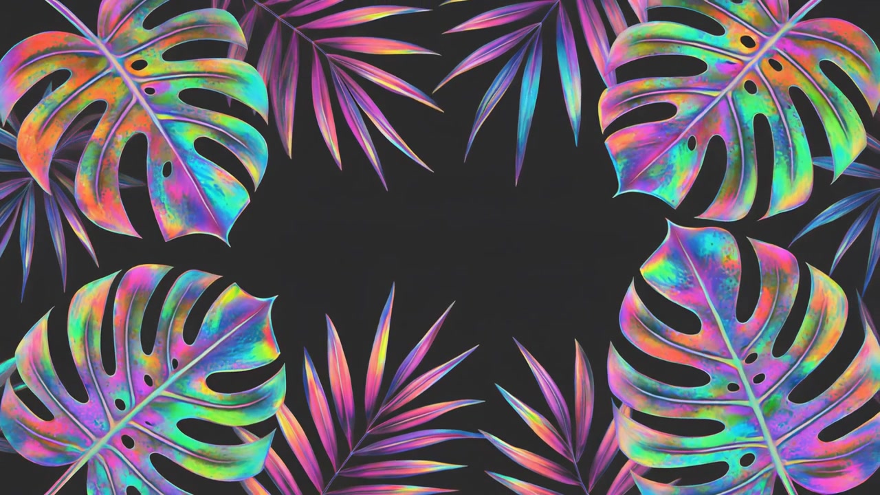 Holographic Tropical Monstera and Palm Leaves Frame on Dark Background
