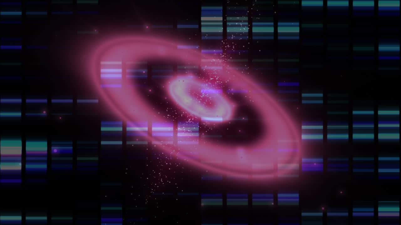 Animation of glowing pink circle over flickering rectangles