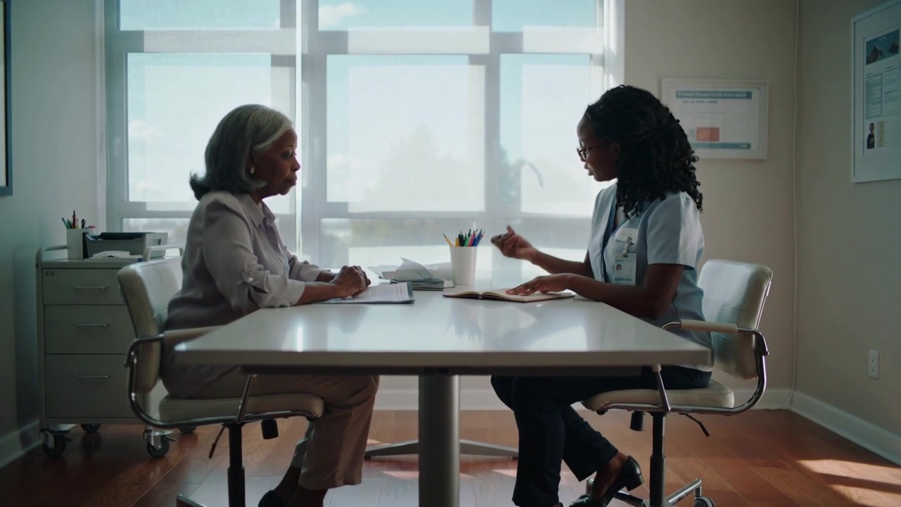 Patient talking and gesturing, provider wearing scrubs pausing, writing in notebook at clinic table