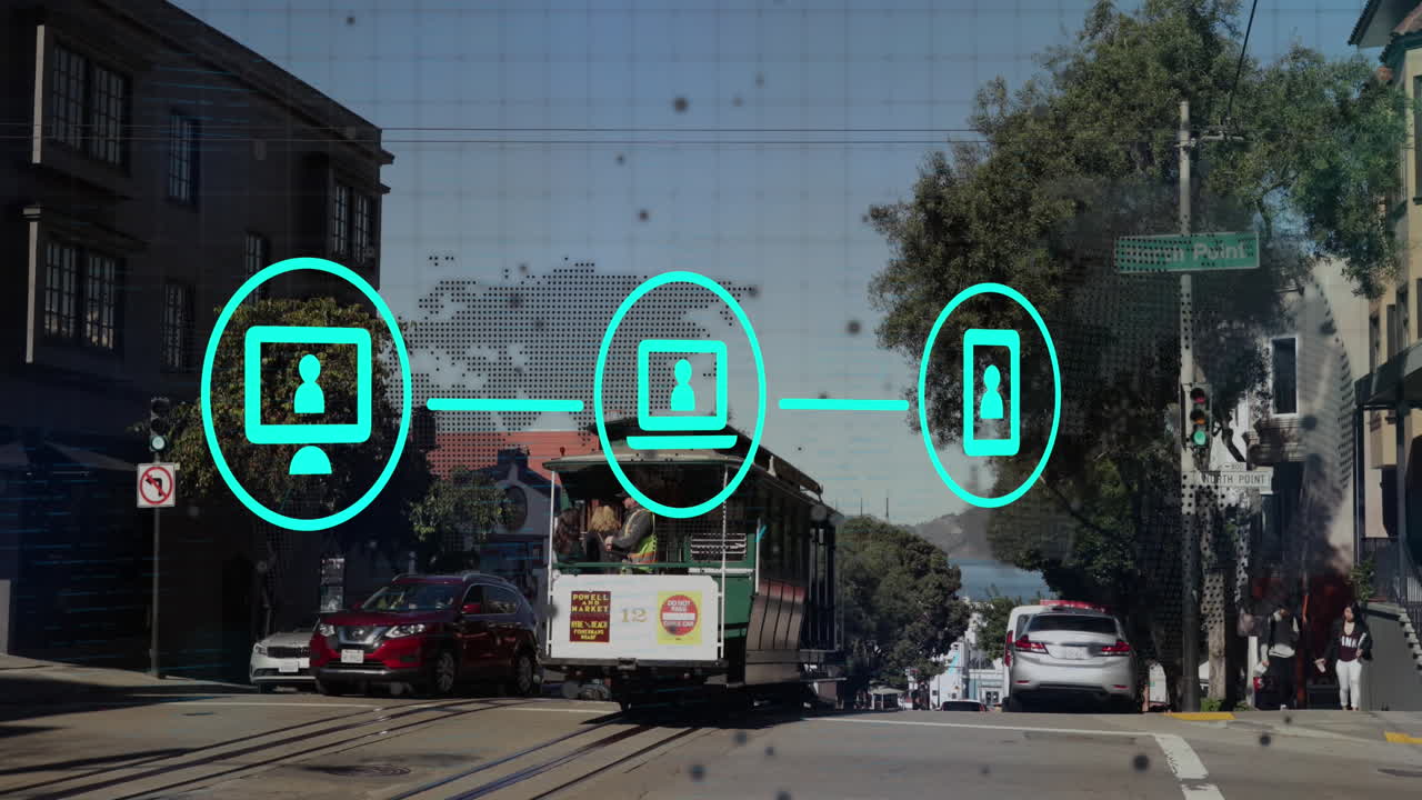 Animation of icons and data processing over cityscape
