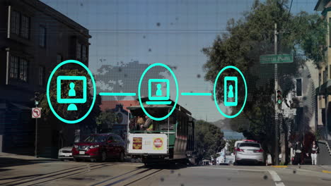 animación de iconos y procesamiento de datos sobre el paisaje urbano