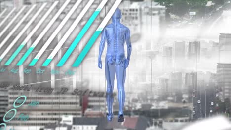 animación del procesamiento de datos financieros y modelo del cuerpo humano sobre el paisaje urbano