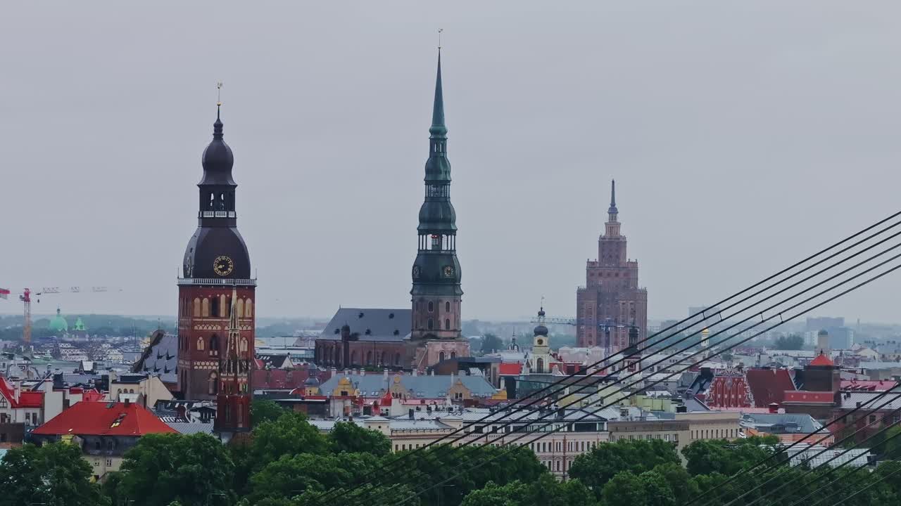 Rightward aerial pan through suspension cables reveals Riga skyline on grey day