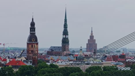rightward aerial pan through suspension cables reveals riga skyline on grey day