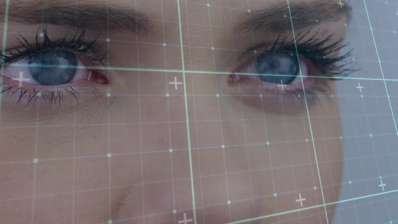 Animation of data processing over grid and woman's face
