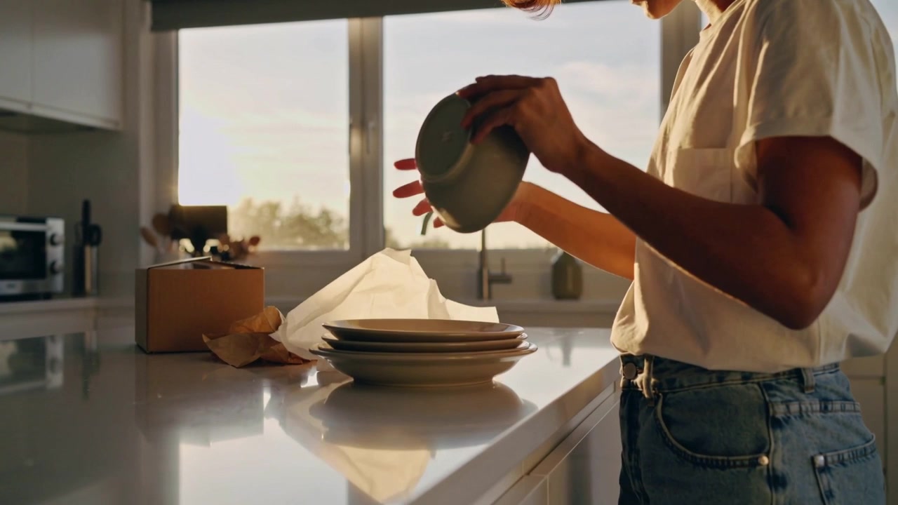 Donna in camicia bianca e jeans blu che solleva un piatto, asciuga e impila piatti e una ciotola in cucina con un panno.
