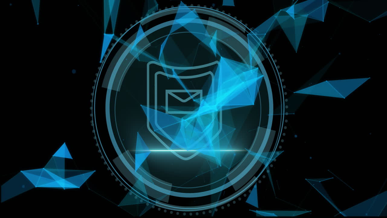 Animation of scope scanning with shield icon over network of connections on black background
