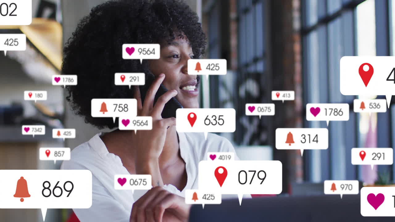 Talking on phone, person with animation of social media notifications in background