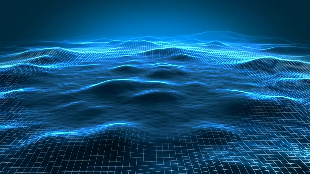Electric blue grid lines move over rolling abstract terrain, forming shifting peaks and troughs while bright contours blur into smooth luminous waves against deep teal darkness.