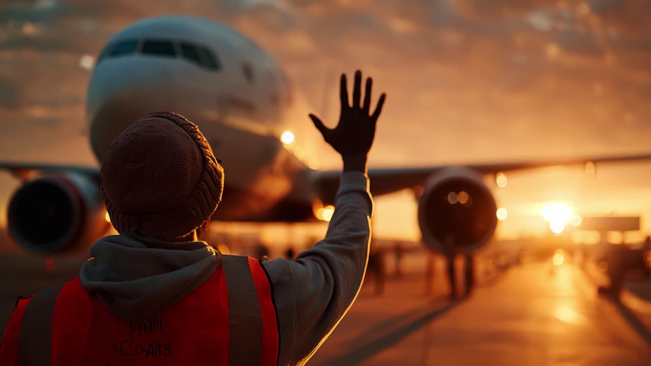 Ground Crew Member Waves Goodbye to Departing Aircraft at Dusk, Highlighting the Beauty of Aviation and the Emotional Farewell at a Bustling Airport During Sunset