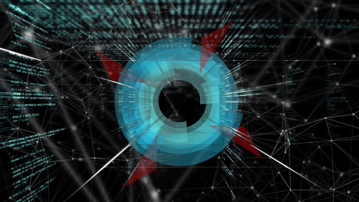 Animation of circle rotating and data processing on black background