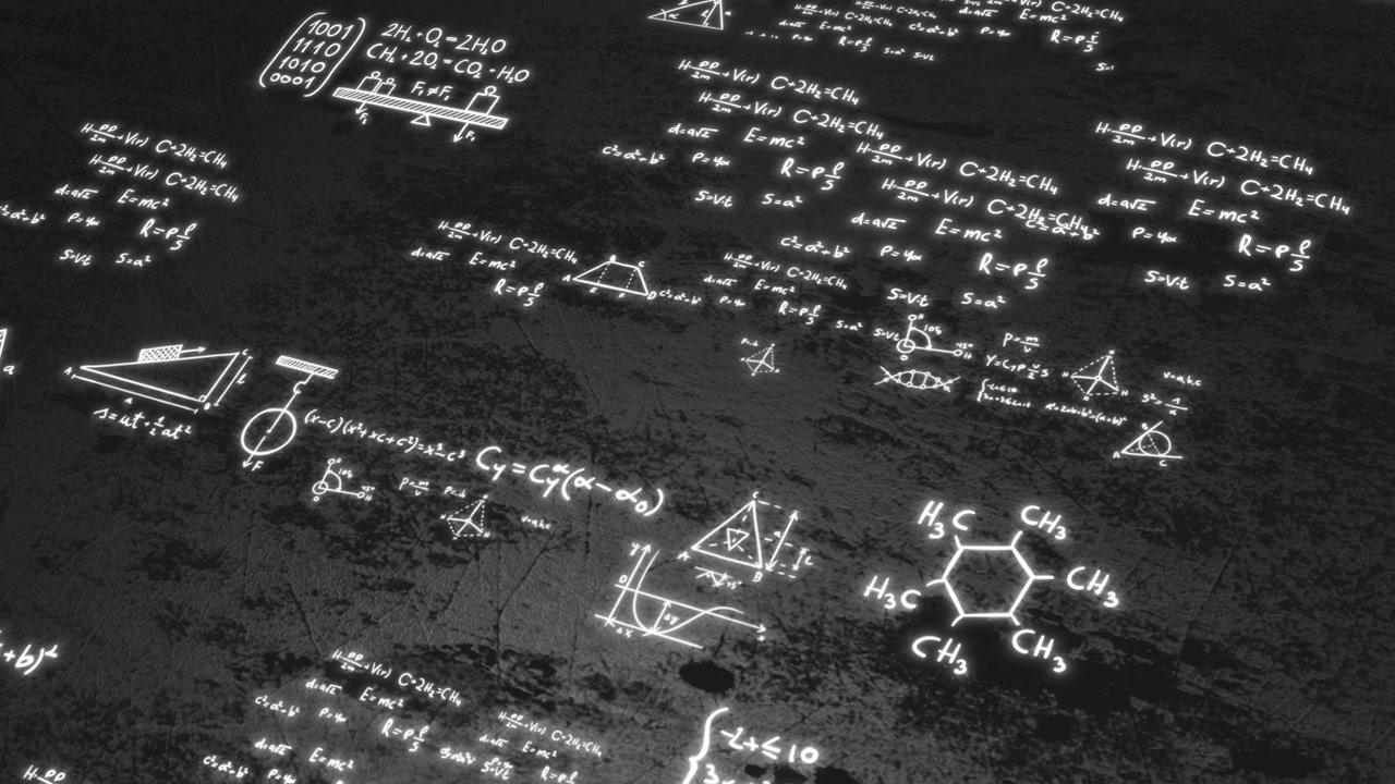 Glowing math equation texture visual with white scientific notes dark rough surface and classroom