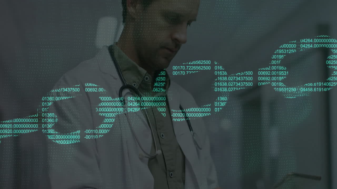 Animation of chain with data processing over caucasian male doctor in hospital