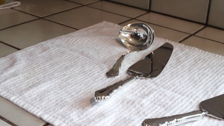 A woman drying off a set of vintage silverware after cleaning and polishing it to remove tarnish and make it shiny