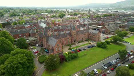 wide advancing aerial video of methodist college belfast, in northern ireland, uk on a bright and sunny day. filmed in 4k, 60fps and with rec709 color.